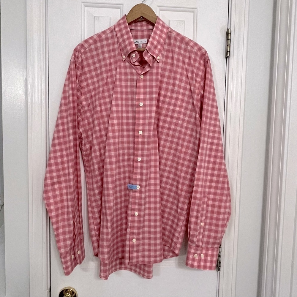 Peter Millar cotton spandex pink plaid button down shirt, large.